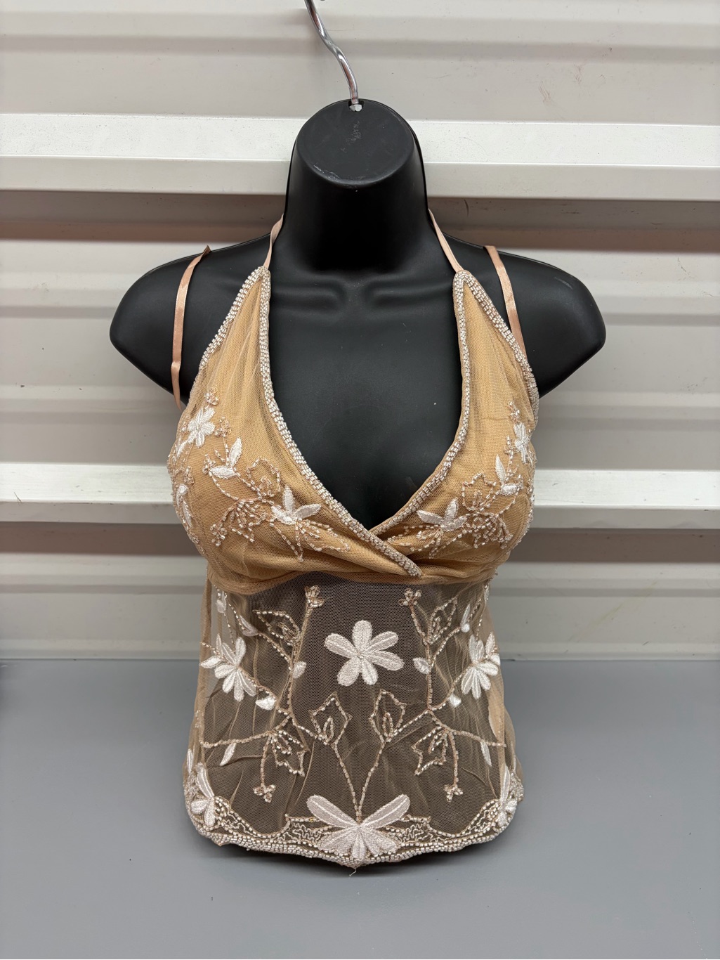 Embroidered Sheer Floral Halter Camisole - Beige